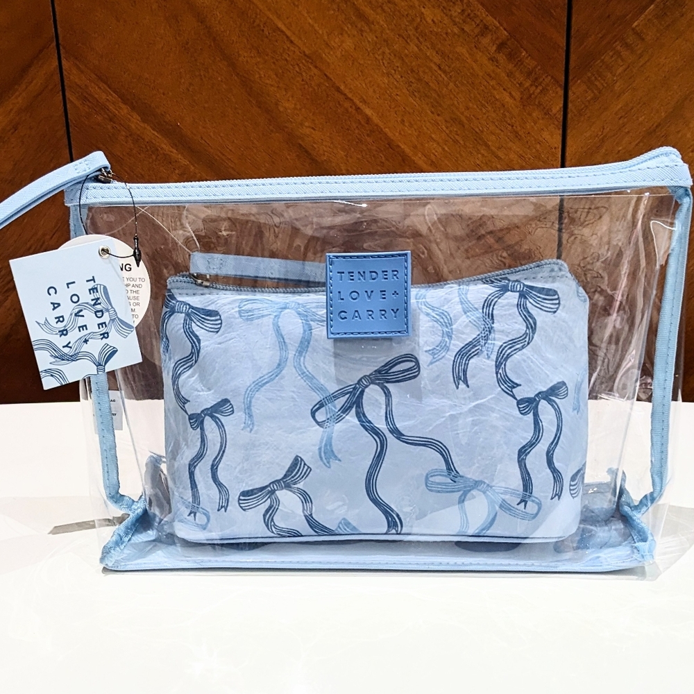 NEW 2 in 1 Tender Love + Carry Zip Toiletry Cosmetic Pouch Bag Blue Ribbon Bow